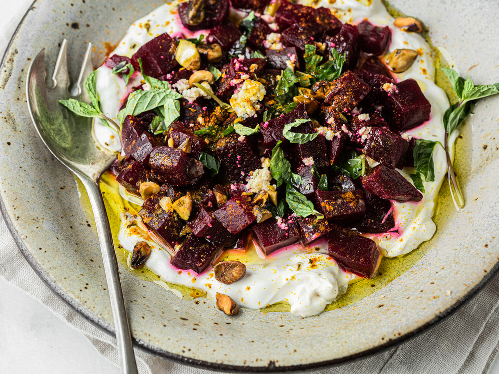 beetroot borani, feta, dill & walnuts